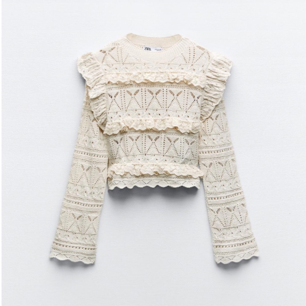 NWT- Zara pointelle ruffled knit top in ecru